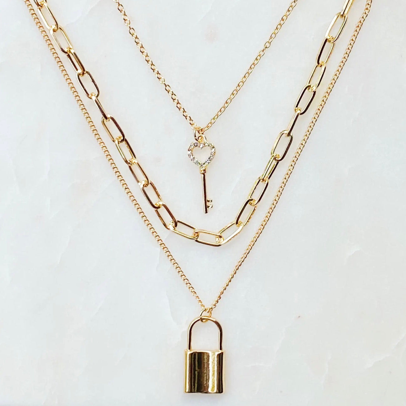 Lock and Bling Layered Charm Necklace