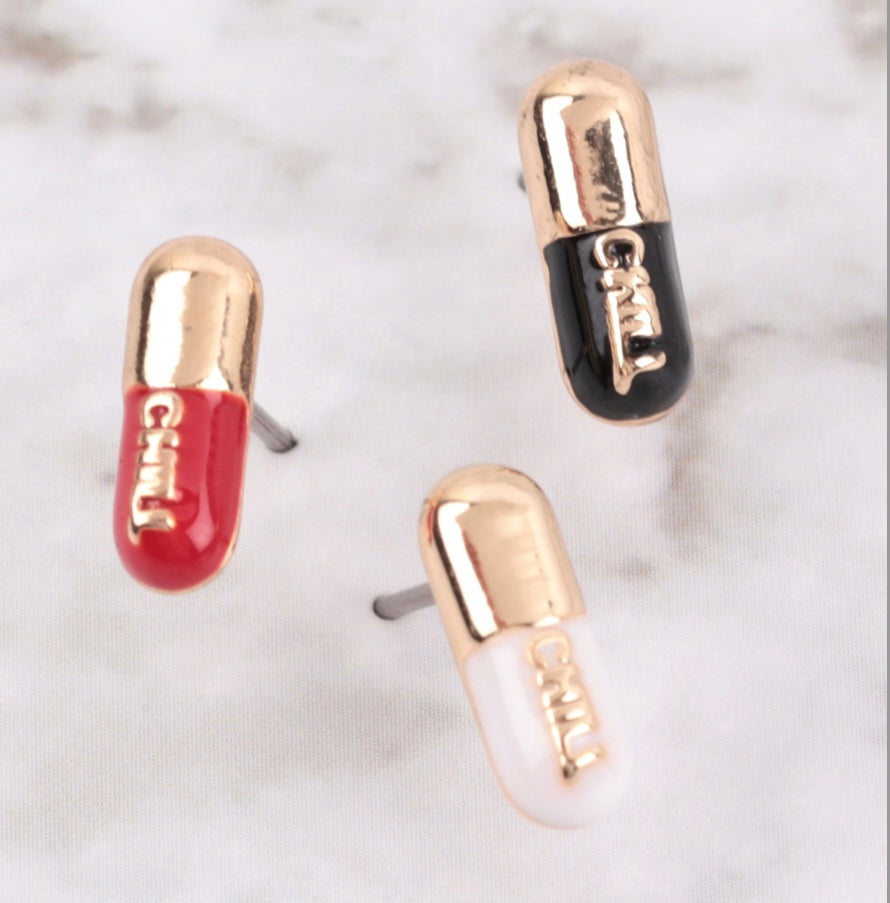 “Chill Pill” Stud Earrings in Gold/Black