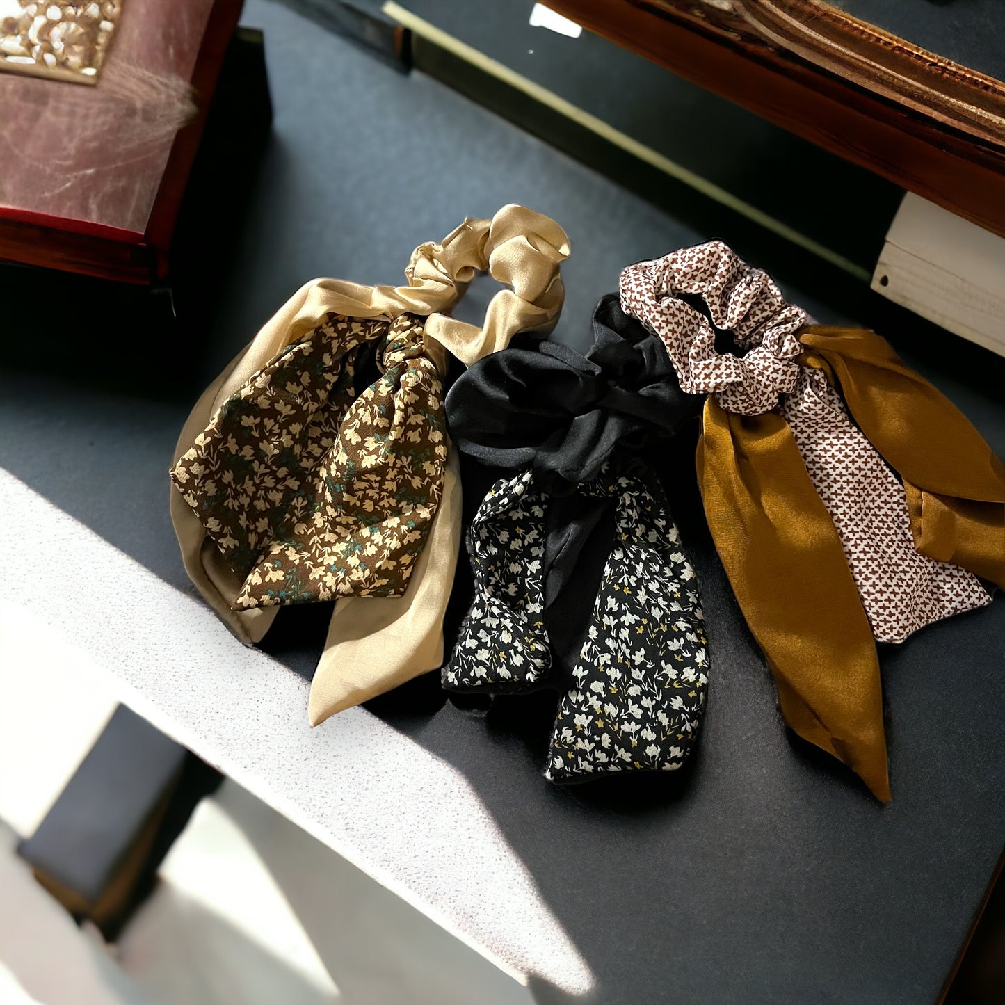 Silk Scrunchie Scarf Trio Sets.