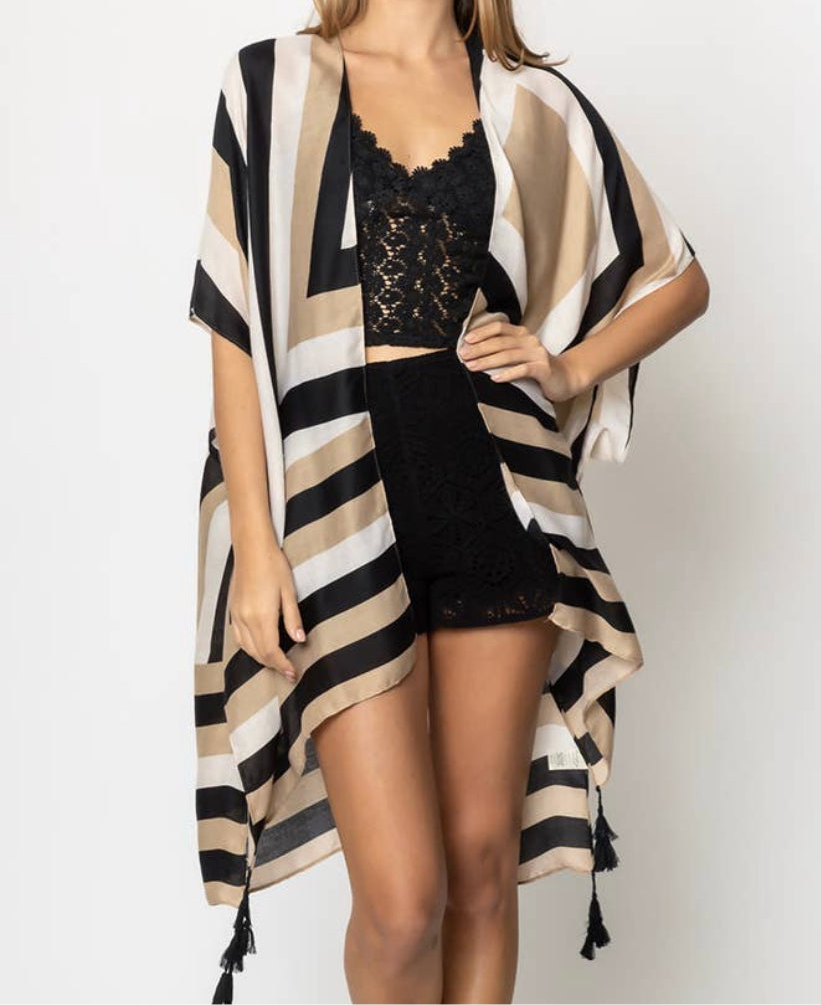 Black and Tan Tassel Kimono