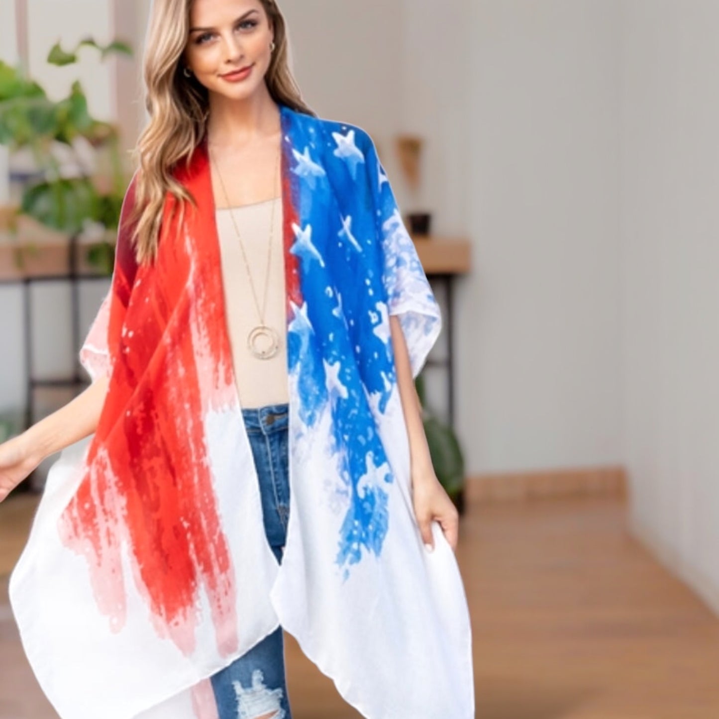 Red White and Blues Watercolor Kimono