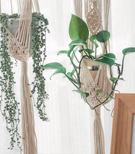 Set of Two Cotton Macrame Rope Hanging Plant Holders