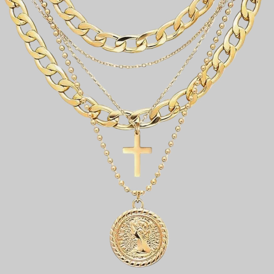 Cross and Coin Layered One-Piece Statement Necklace