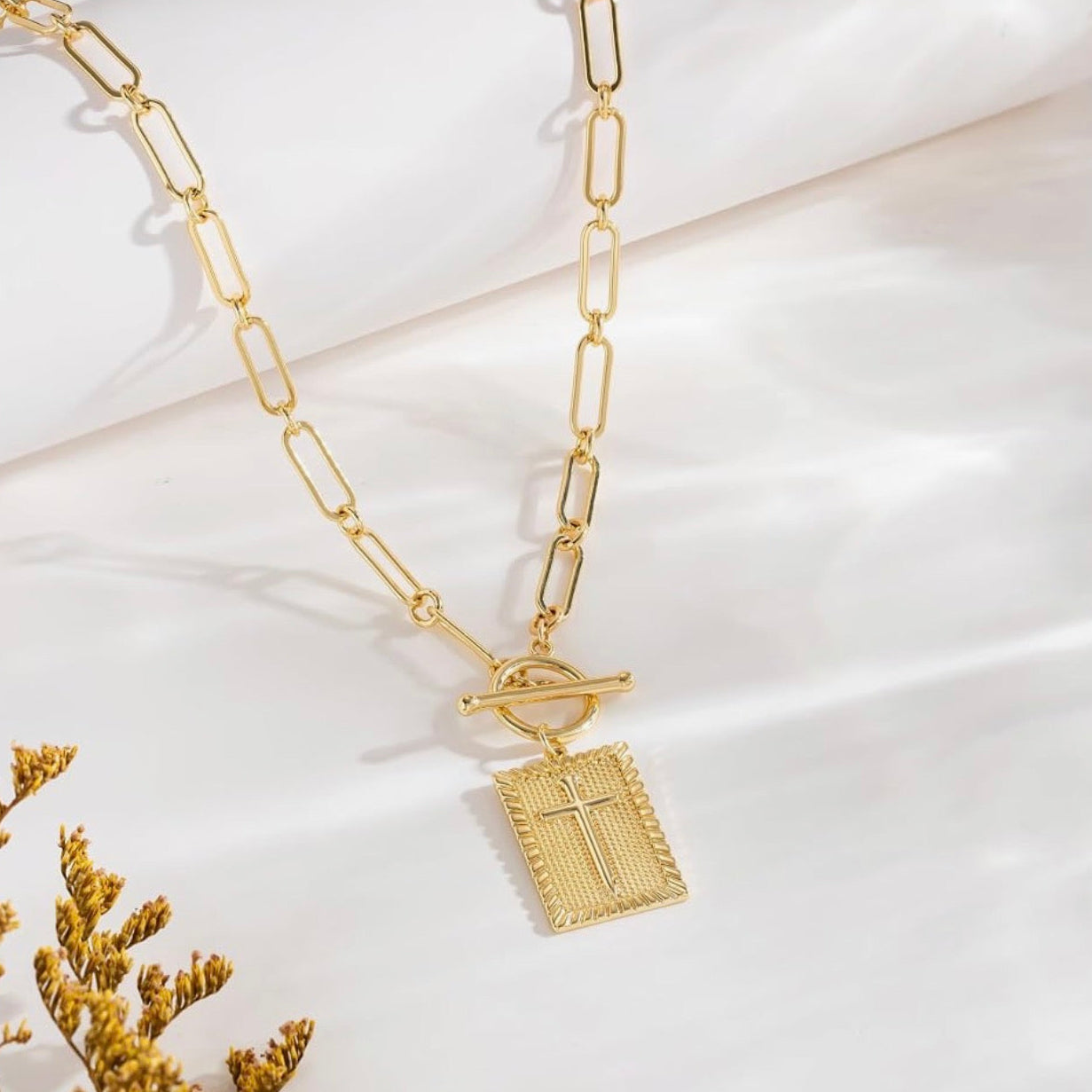 Cross Inlay Plate Charm Paperclip Chain