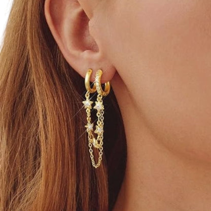 Double Pierced Dangle Star Studded Hoops