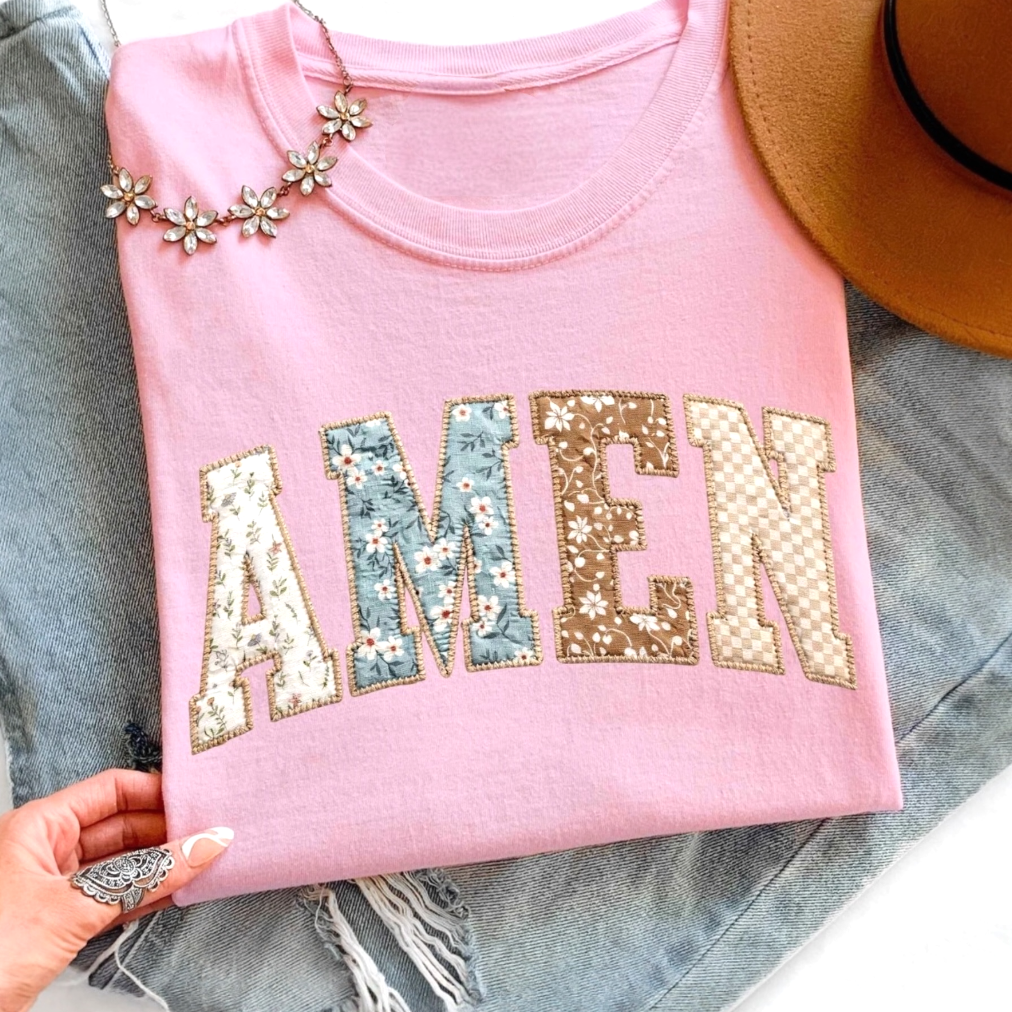 Mixed Floral Script AMEN Tee