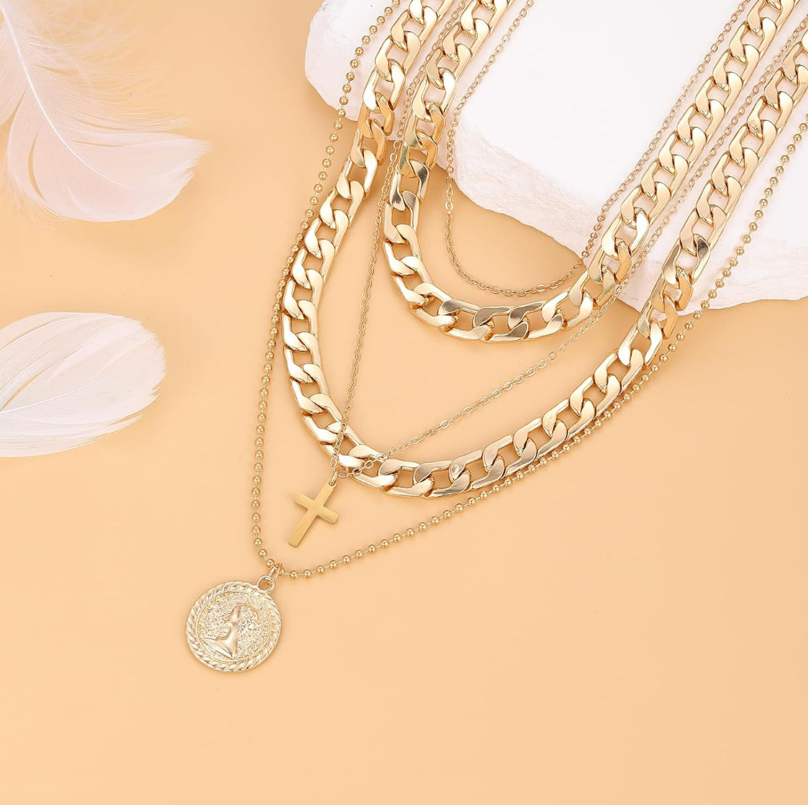 Cross and Coin Layered One-Piece Statement Necklace