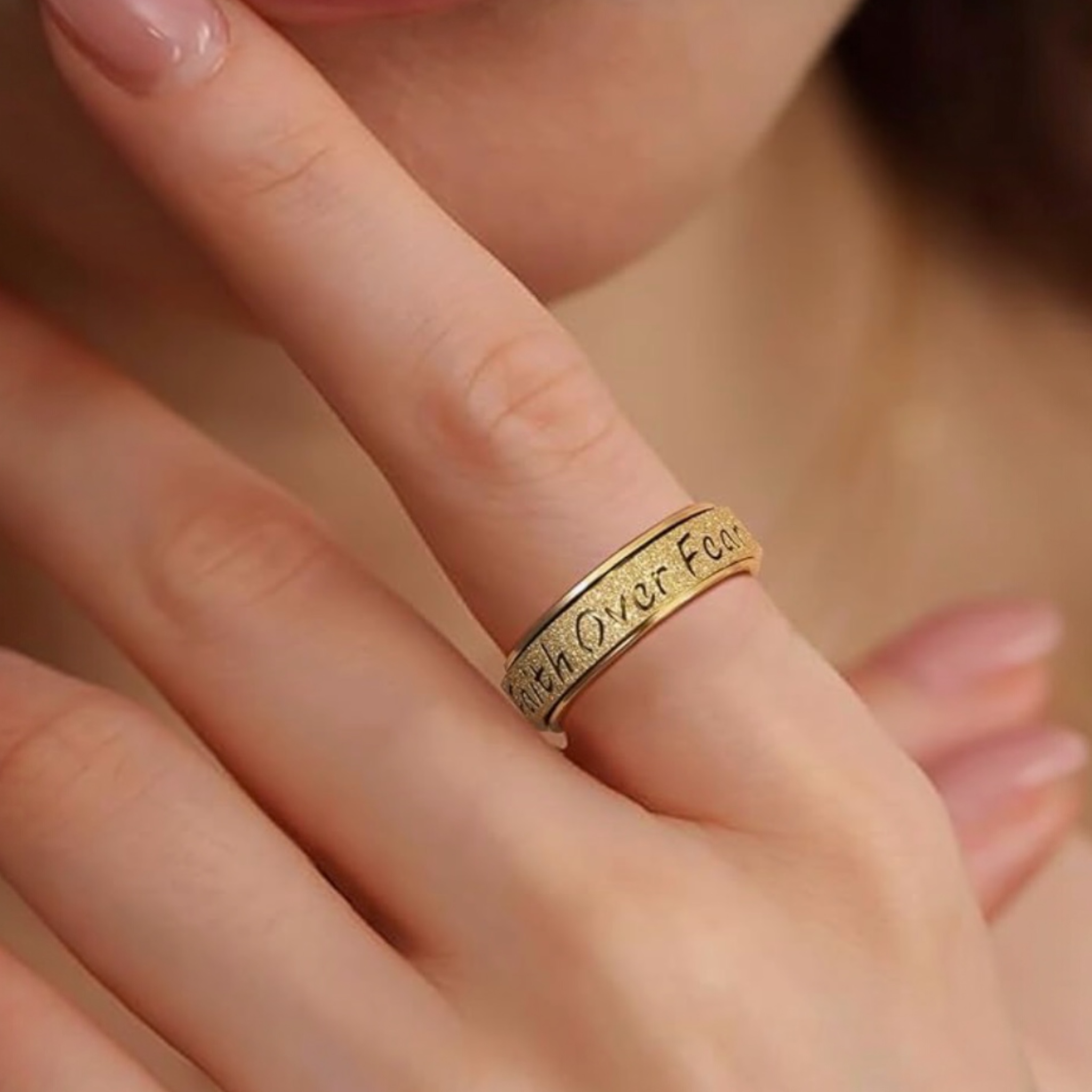 Faith over Fear Sandblasted Sparkle Spinner Rings