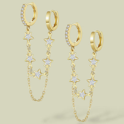 Double Pierced Dangle Star Studded Hoops