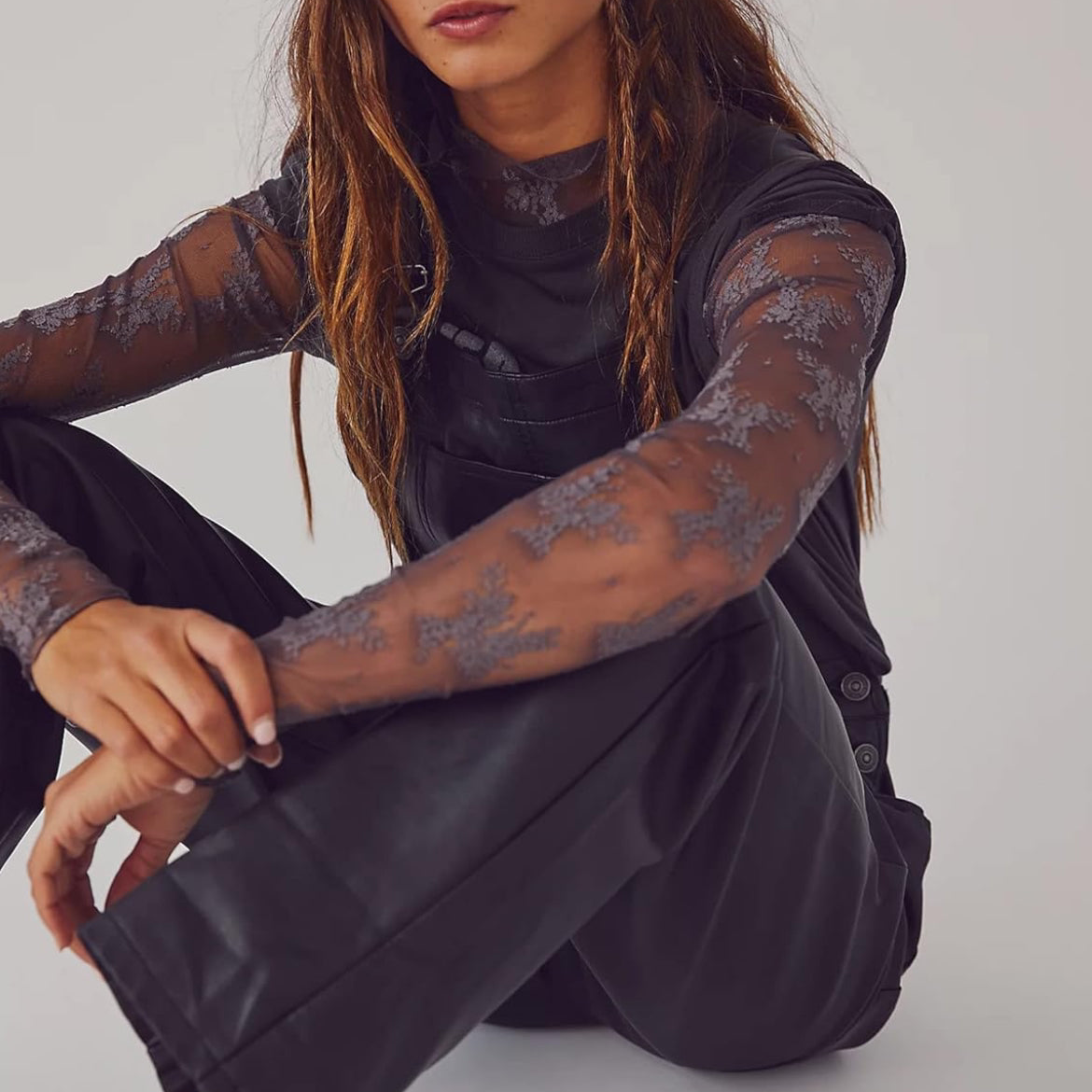 Mock-neck floral design layering Tops