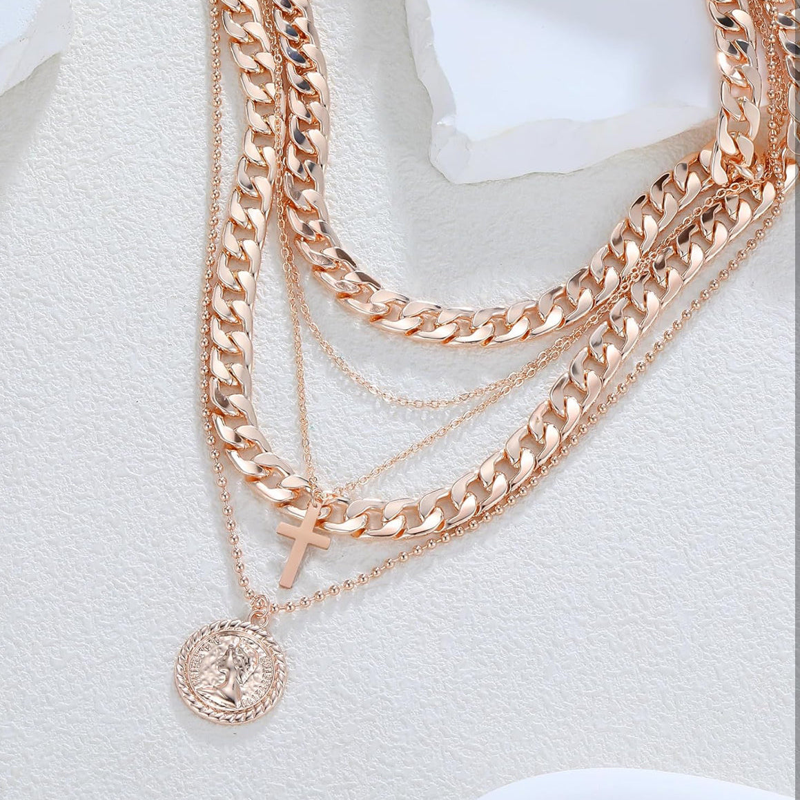 Cross and Coin Layered One-Piece Statement Necklace