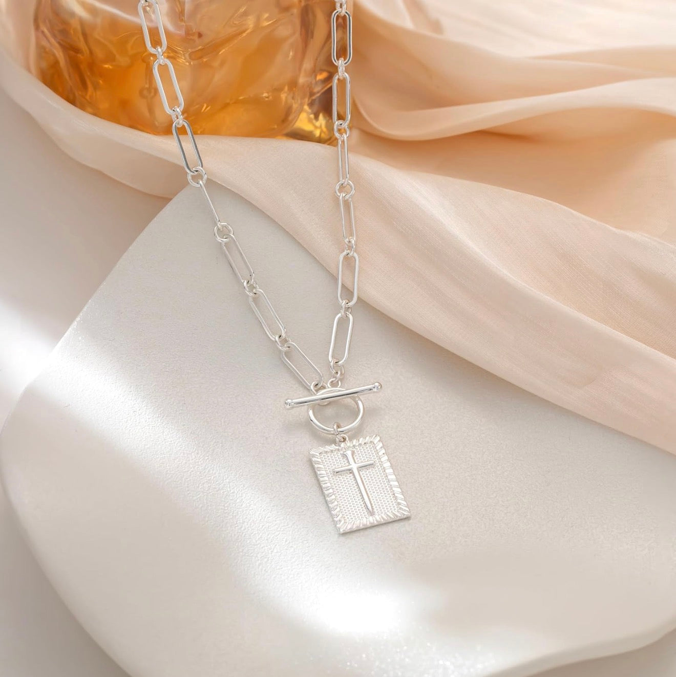 Cross Inlay Plate Charm Paperclip Chain