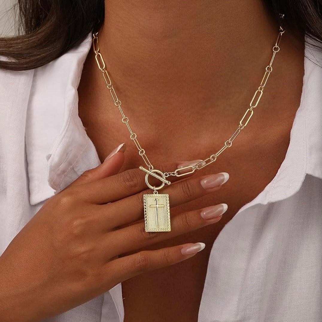 Cross Inlay Plate Charm Paperclip Chain