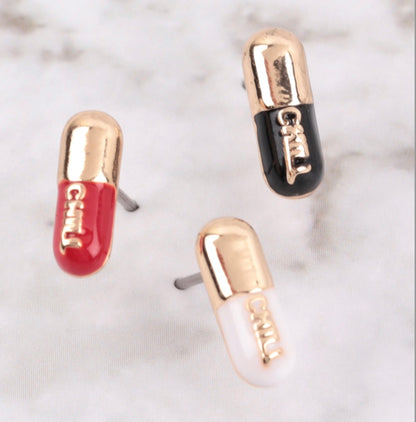 “Chill Pill” Stud Earrings in Gold/Black