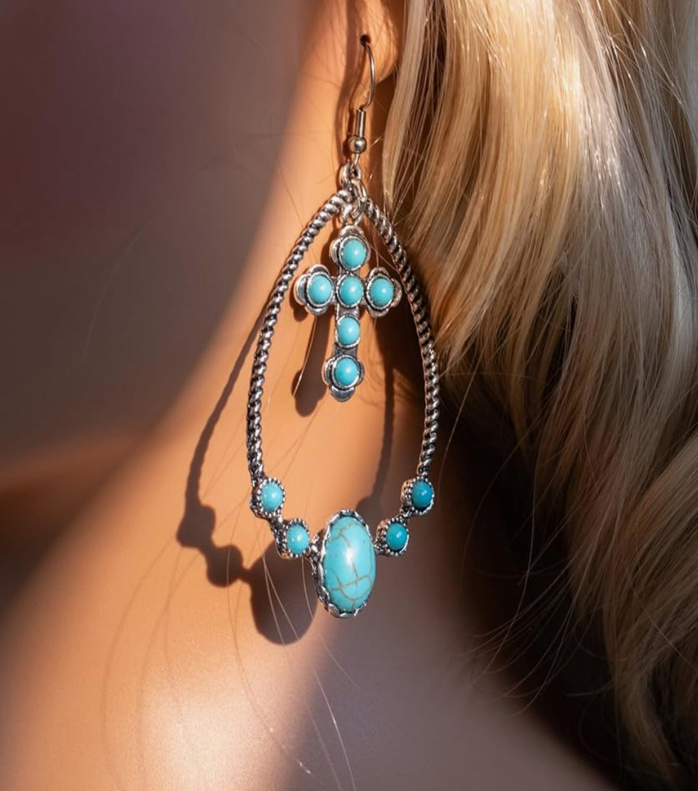 Cross and Stone Turquoise Teardrop