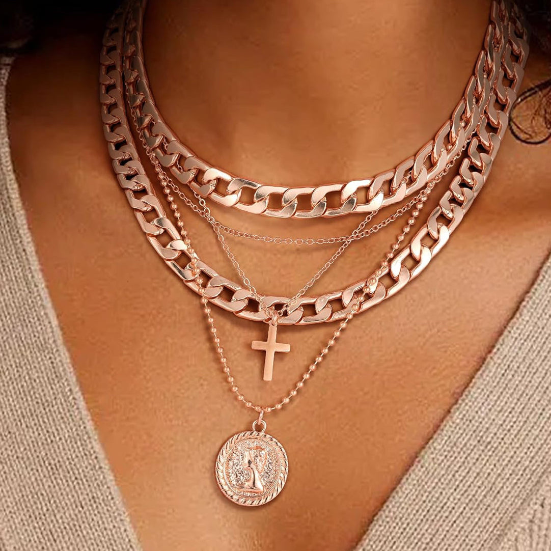 Cross and Coin Layered One-Piece Statement Necklace