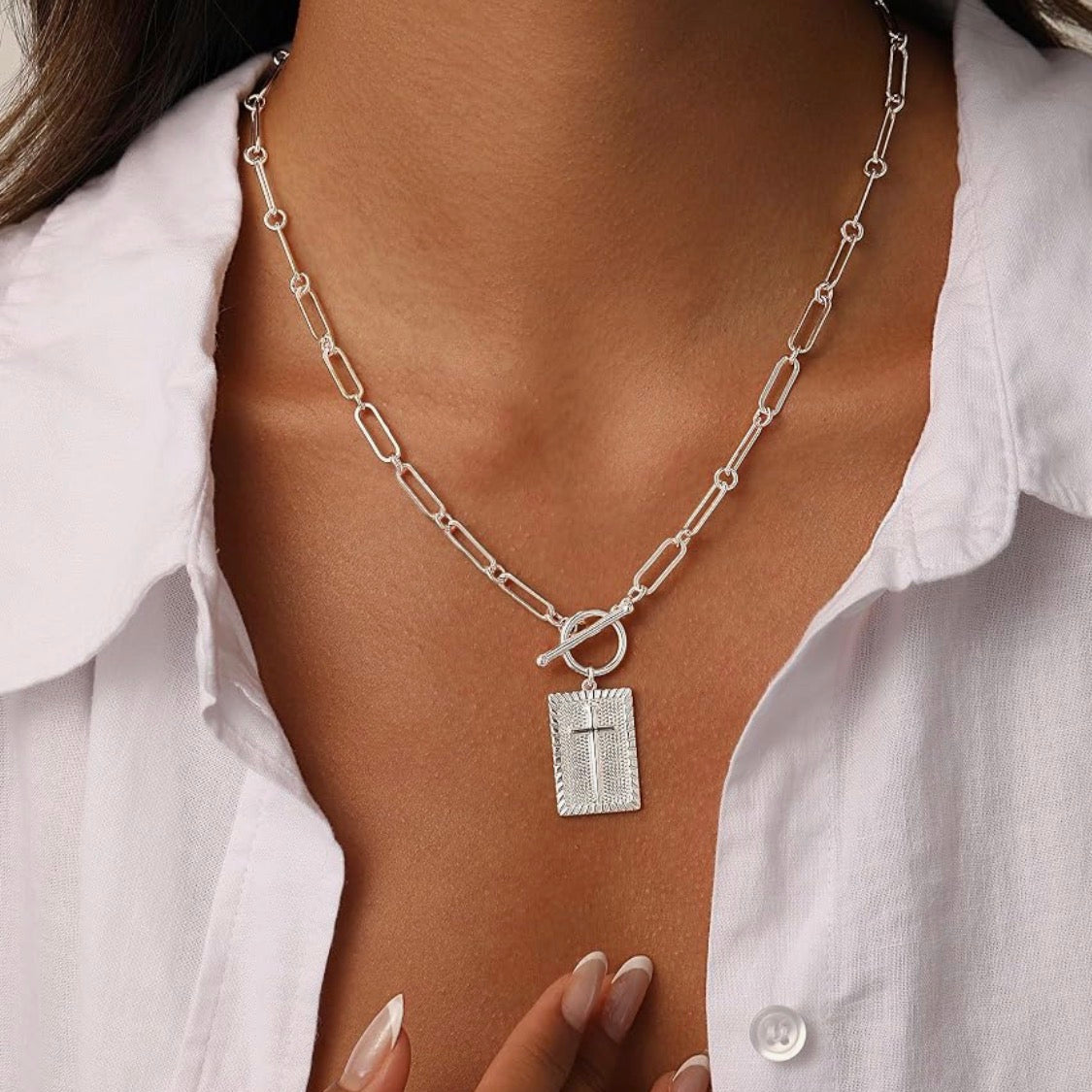 Cross Inlay Plate Charm Paperclip Chain