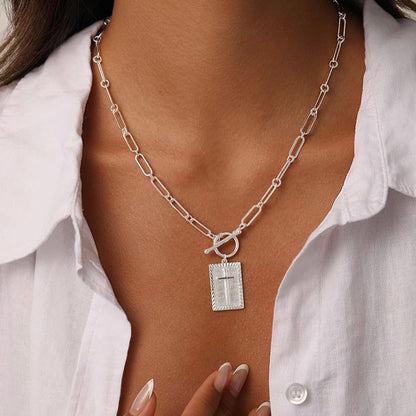 Cross Inlay Plate Charm Paperclip Chain