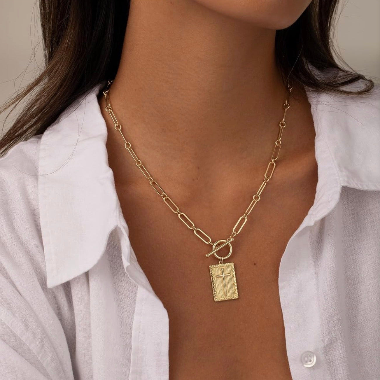Cross Inlay Plate Charm Paperclip Chain