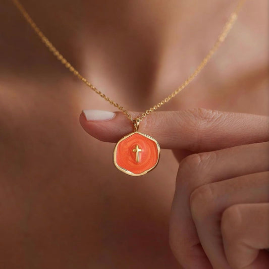 “He is.” 14k Cross Swirled Enamel Charm Necklaces