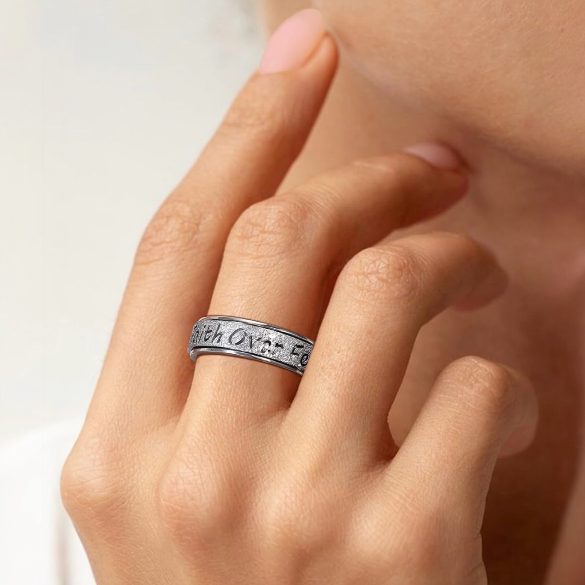 Faith over Fear Sandblasted Sparkle Spinner Rings