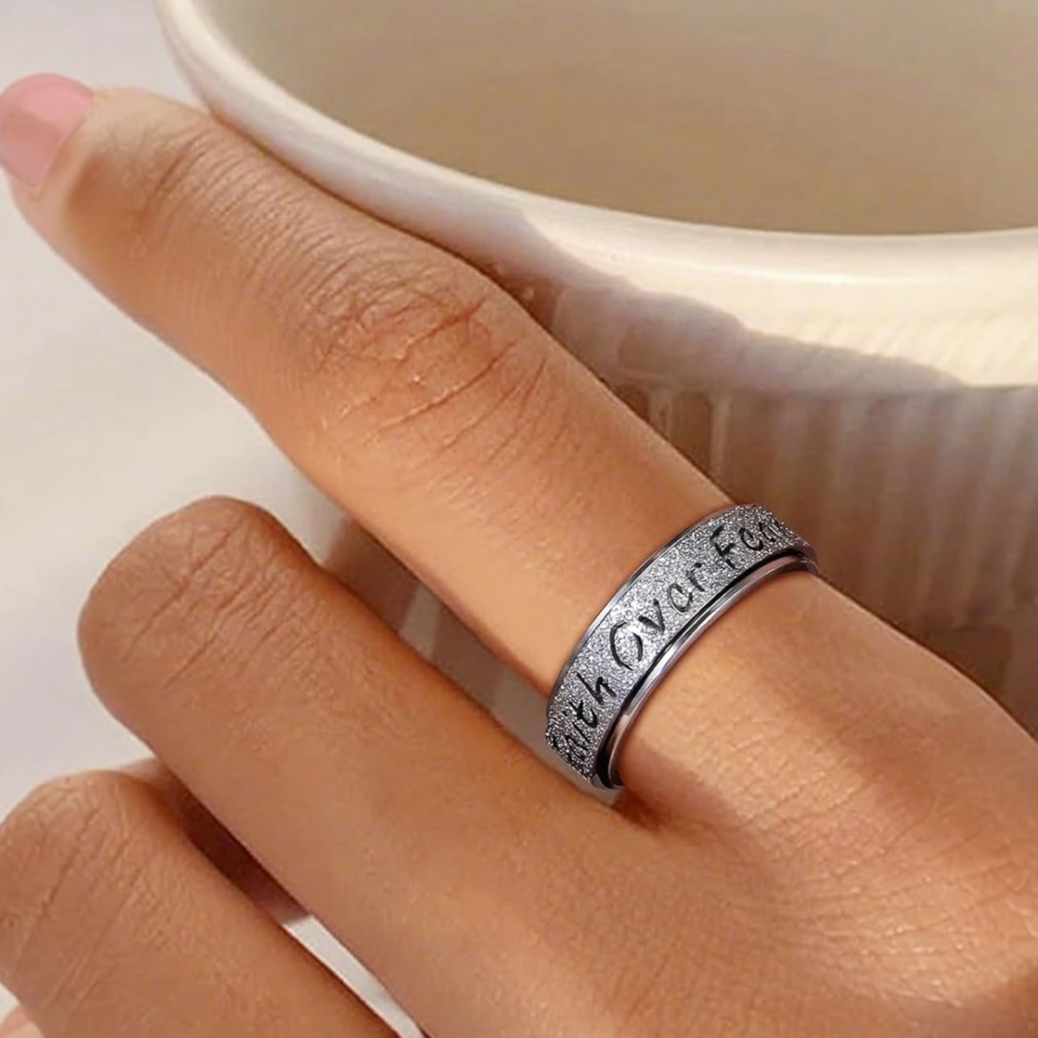 Faith over Fear Sandblasted Sparkle Spinner Rings