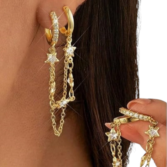 Double Pierced Dangle Star Studded Hoops