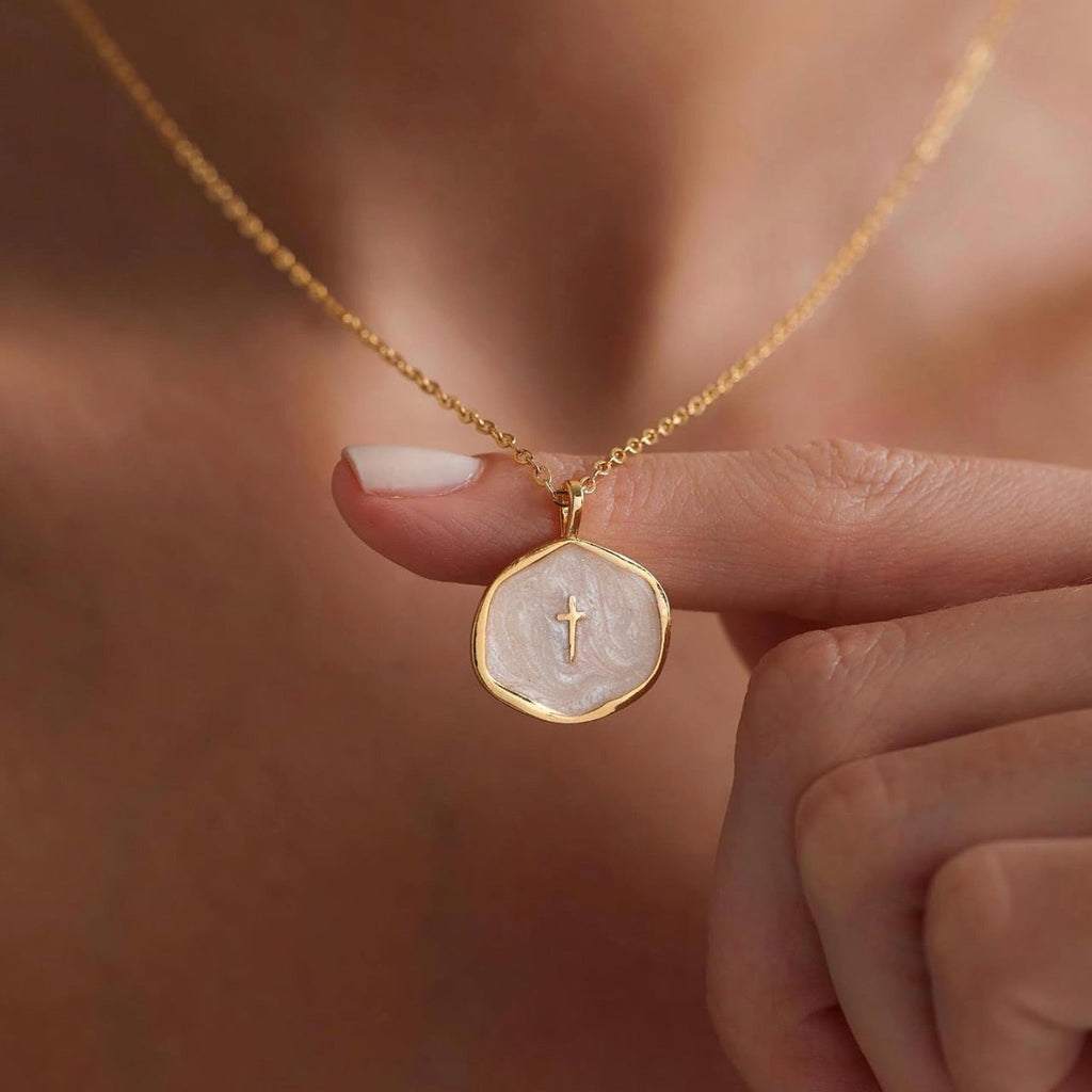 “He is.” 14k Cross Swirled Enamel Charm Necklaces
