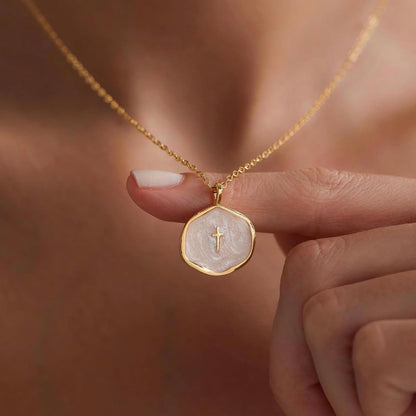 “He is.” 14k Cross Swirled Enamel Charm Necklaces
