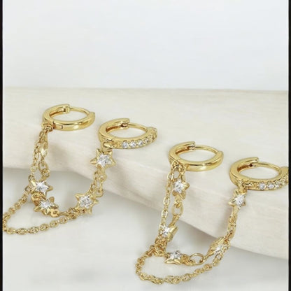 Double Pierced Dangle Star Studded Hoops