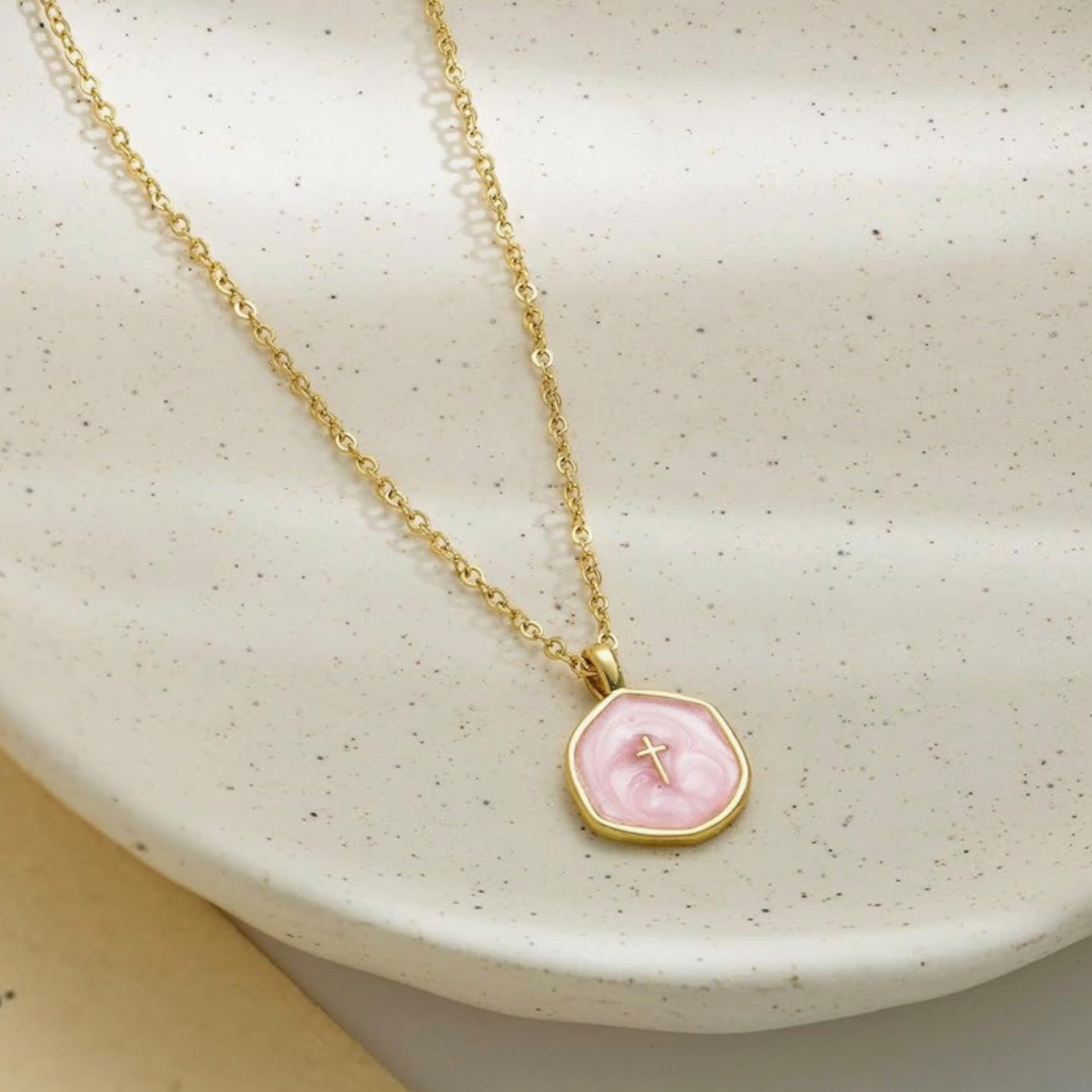 “He is.” 14k Cross Swirled Enamel Charm Necklaces