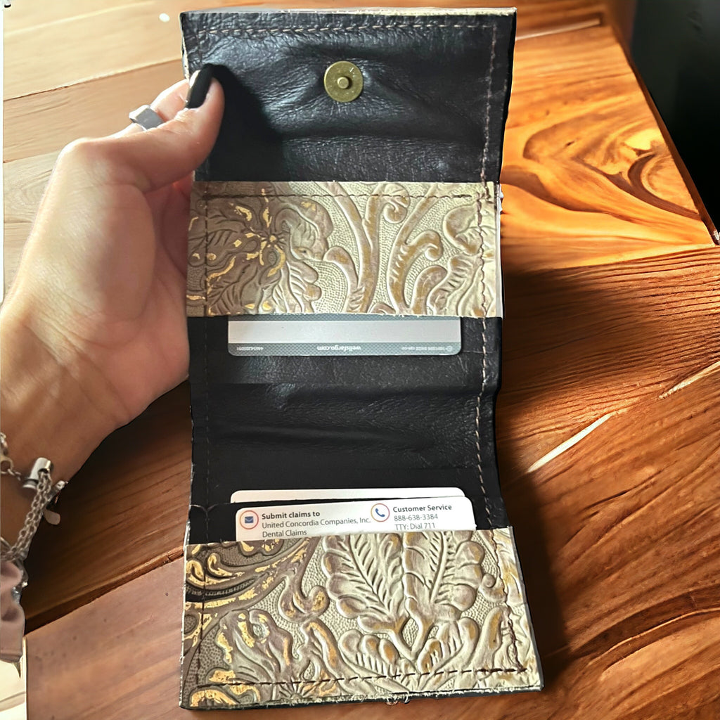 Handmade Embossed Leather Tri-Fold Wallet in Floral Paisley