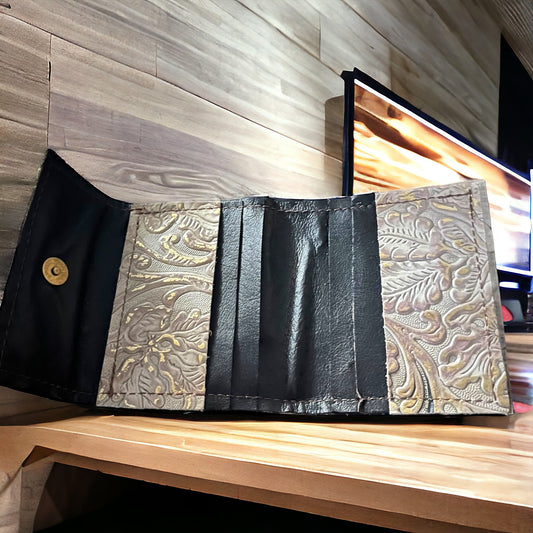 Handmade Embossed Leather Tri-Fold Wallet in Floral Paisley