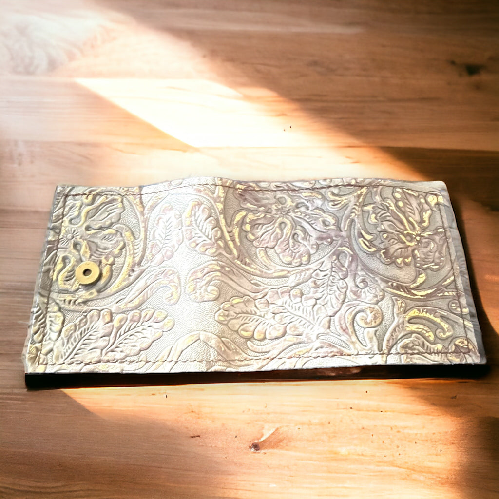 Handmade Embossed Leather Tri-Fold Wallet in Floral Paisley