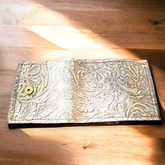 Handmade Embossed Leather Tri-Fold Wallet in Floral Paisley