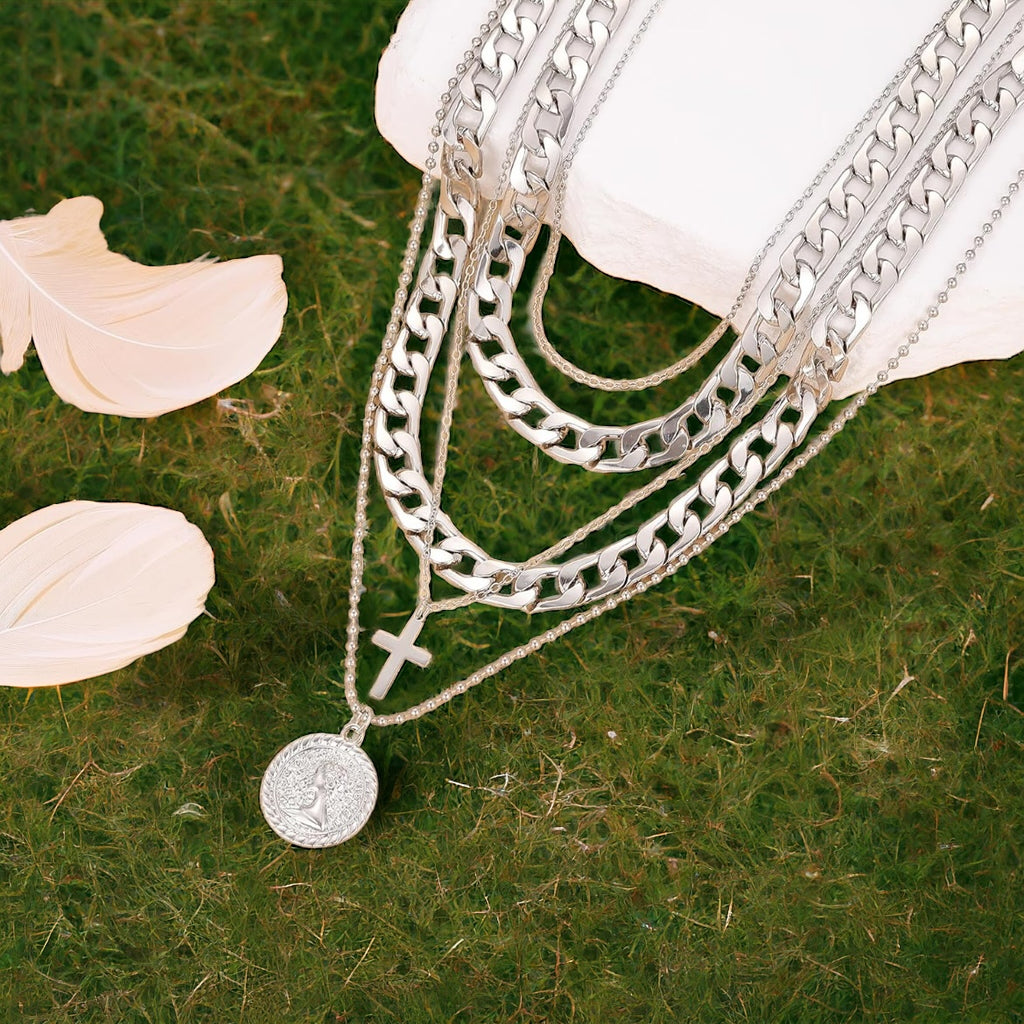 Cross and Coin Layered One-Piece Statement Necklace