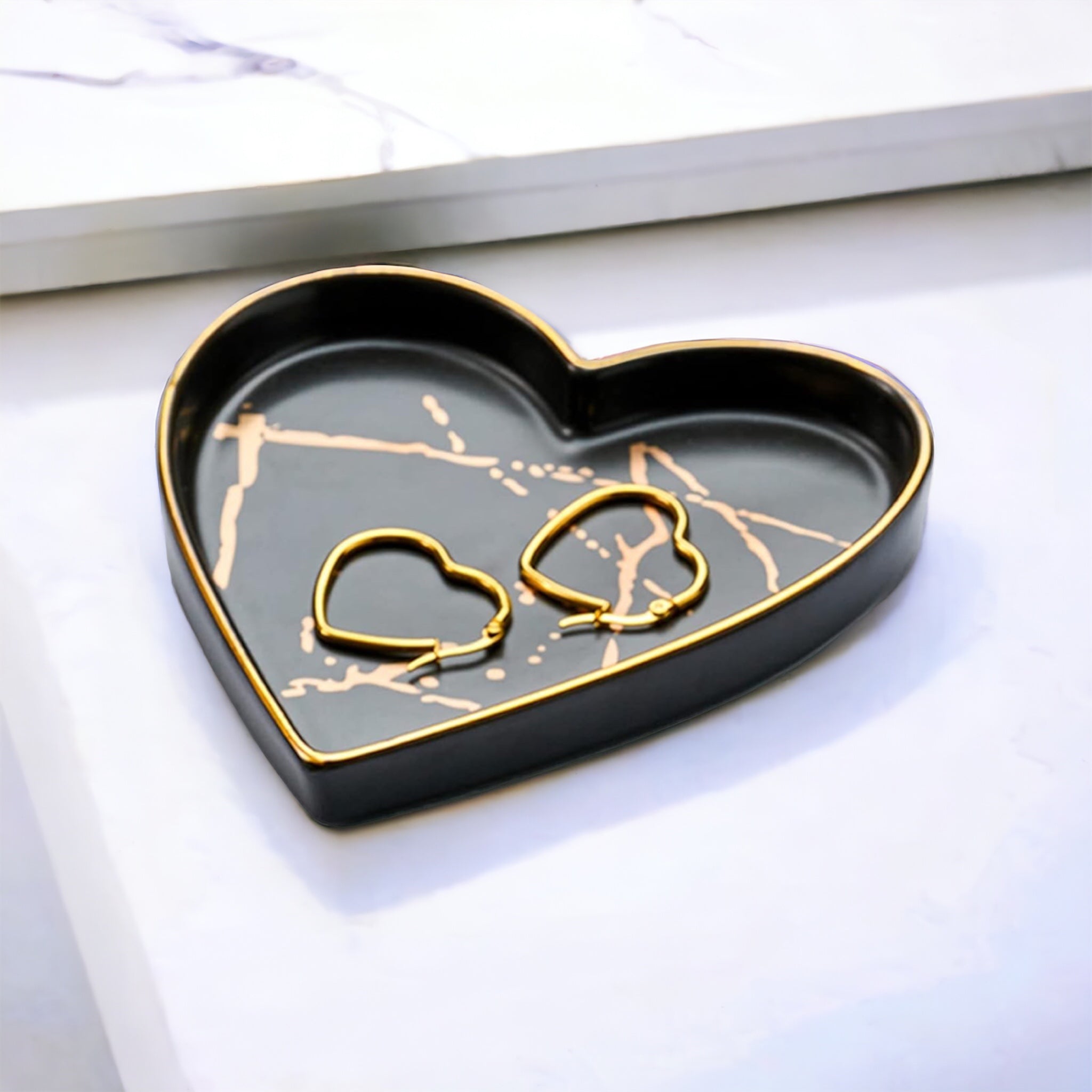 Black & Gold Ceramic Heart Jewelry Dish