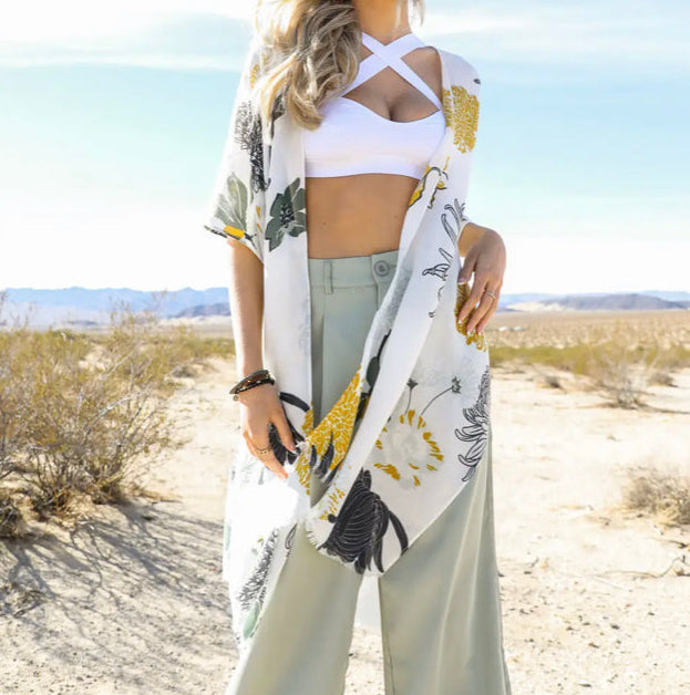 Exotic Floral Neutrals Luxe Kimono
