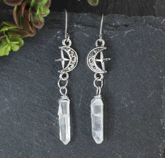 Crystal Moon Silver Dangle Earrings